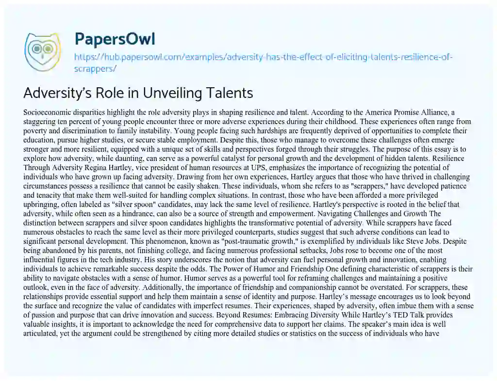 Essay on Adversity’s Role in Unveiling Talents
