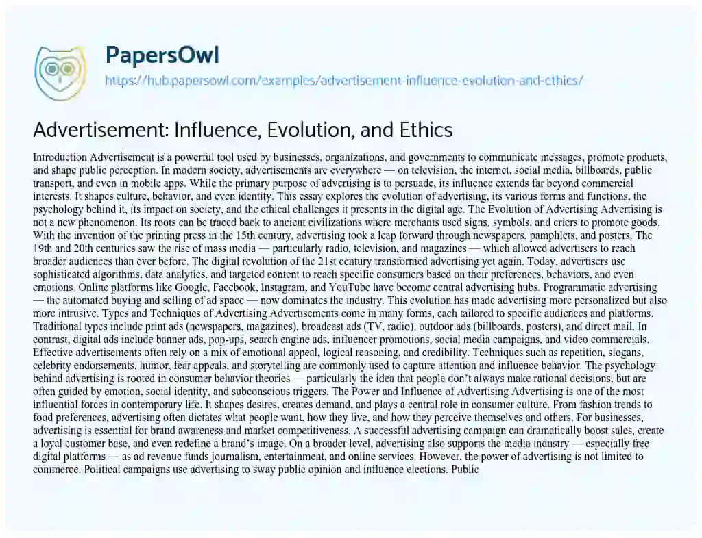 Essay on Advertisement: Influence, Evolution, and Ethics