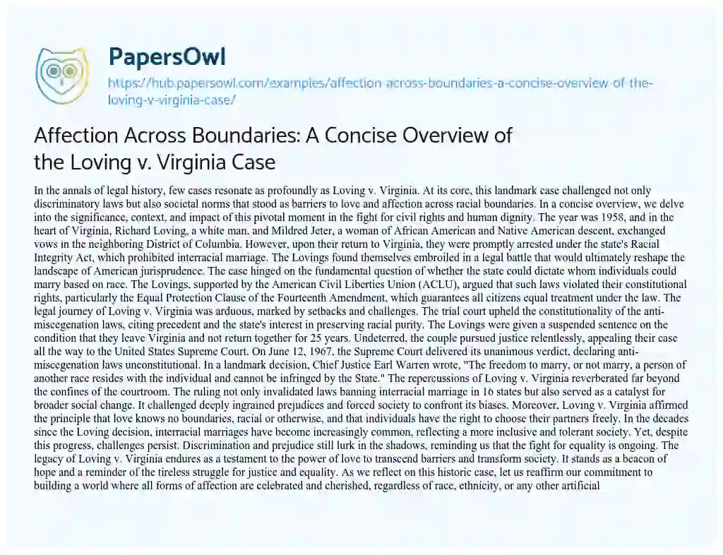 Essay on Affection Across Boundaries: A Concise Overview of the Loving v. Virginia Case