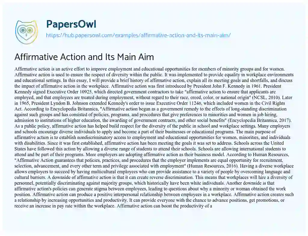 Essay on Affirmative Action and Its Main Aim