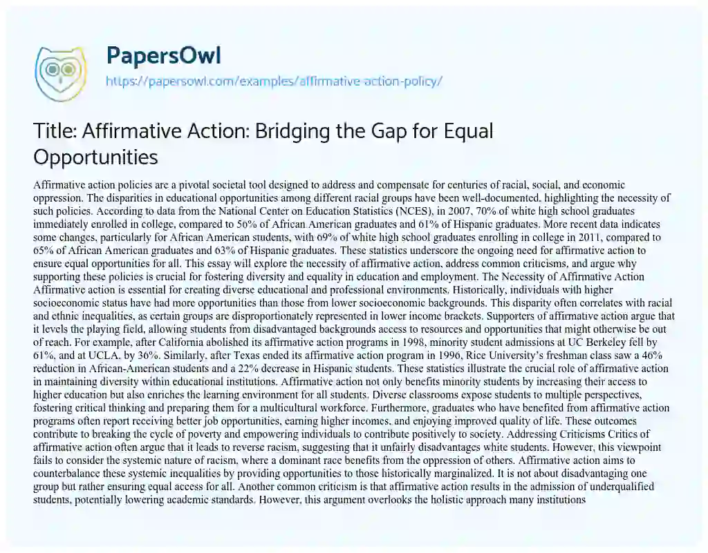 Essay on Title: Affirmative Action: Bridging the Gap for Equal Opportunities