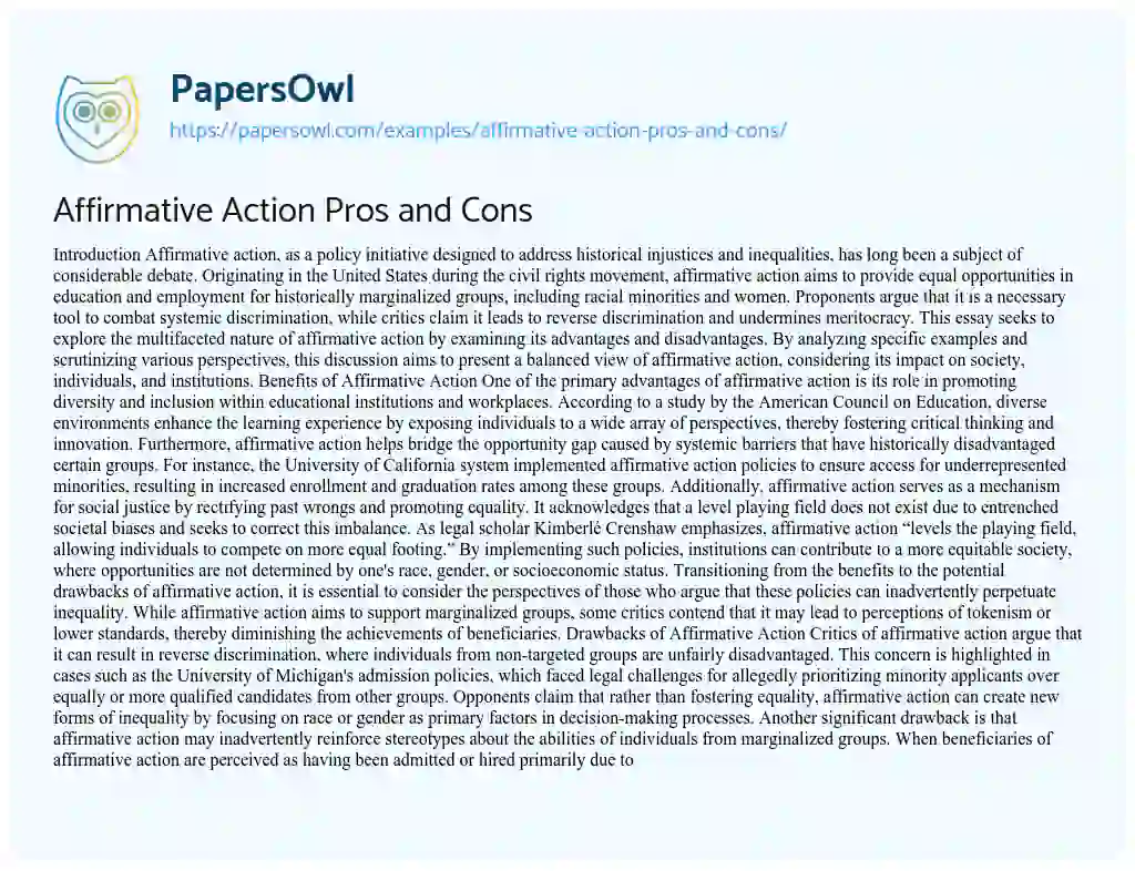 Essay on Affirmative Action Pros and Cons