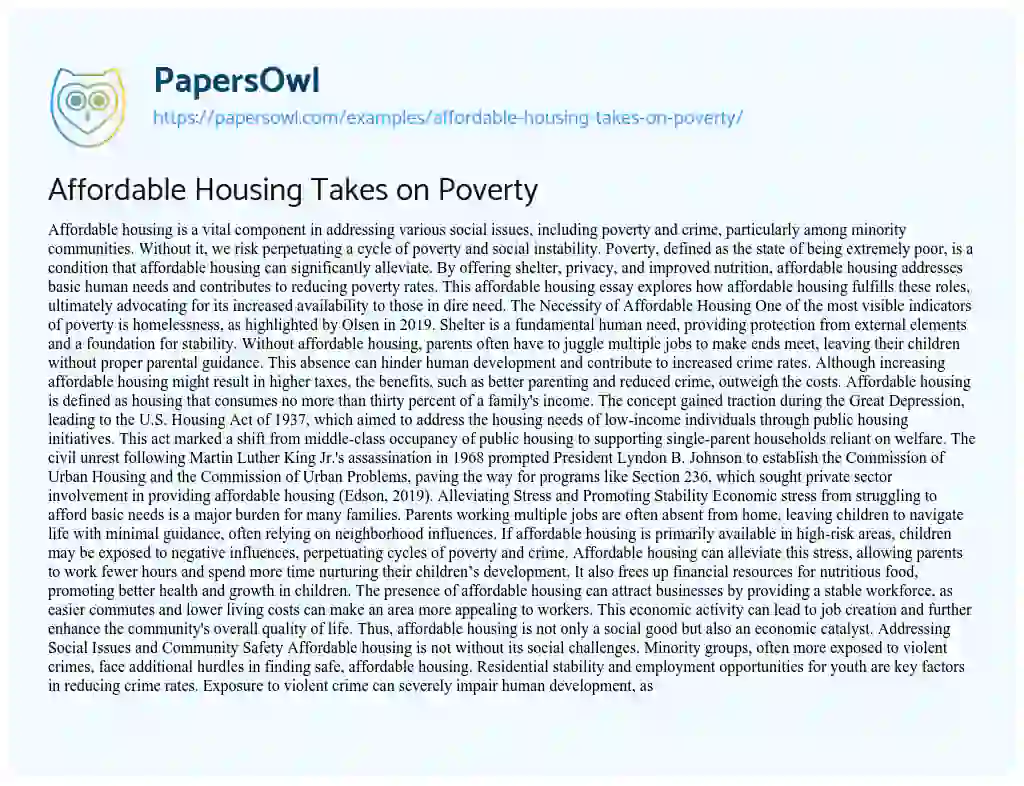 Essay on Affordable Housing Takes on Poverty