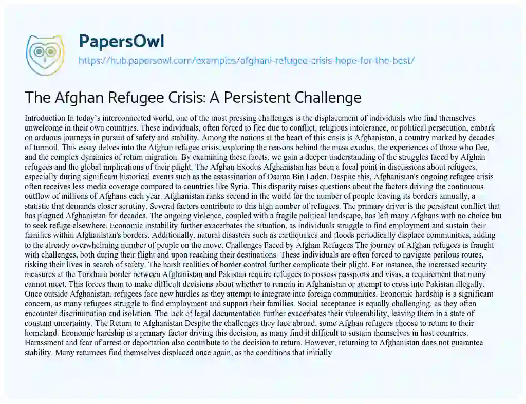 Essay on The Afghan Refugee Crisis: A Persistent Challenge