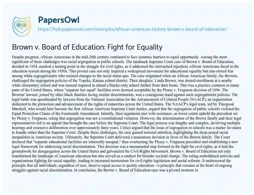 Essay on Brown v. Board of Education: Fight for Equality