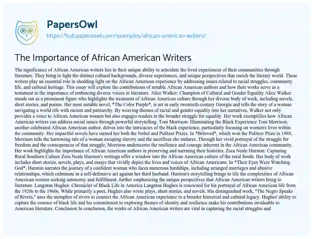 Essay on The Importance of African American Writers