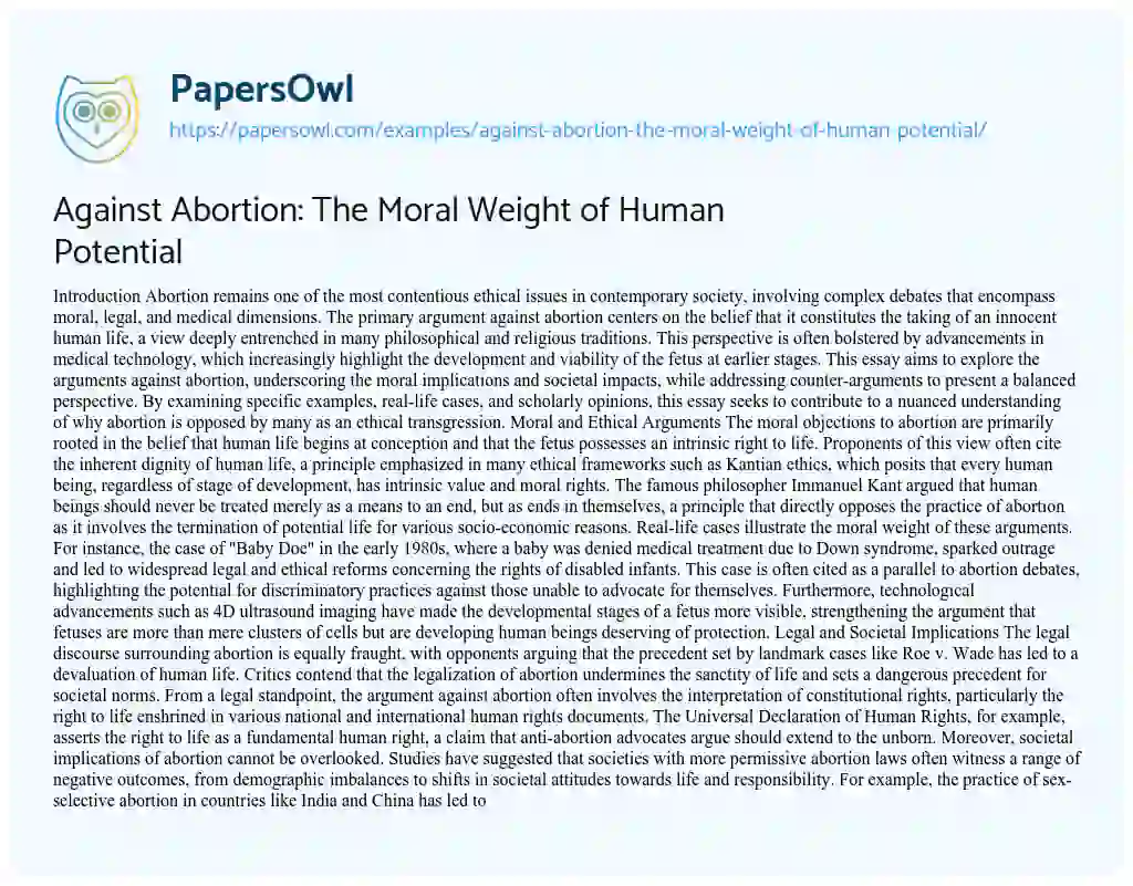 Essay on Against Abortion: The Moral Weight of Human Potential