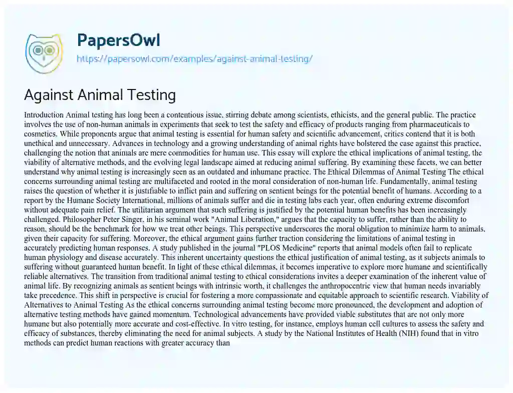 Essay on Against Animal Testing