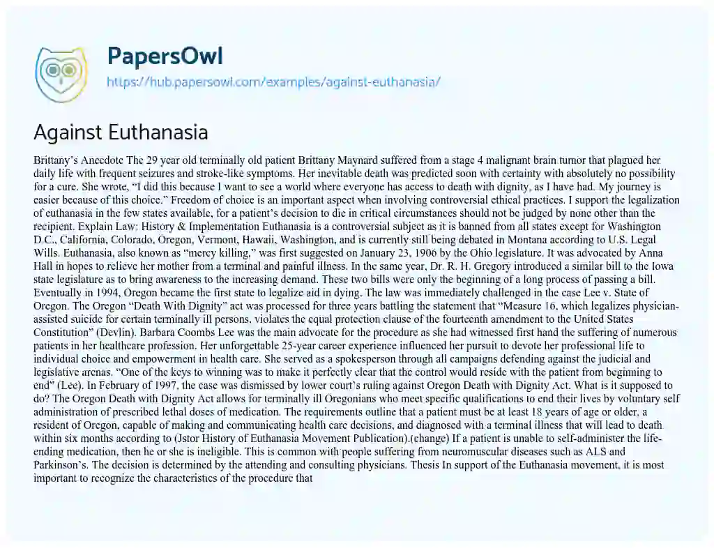 Essay on Against Euthanasia