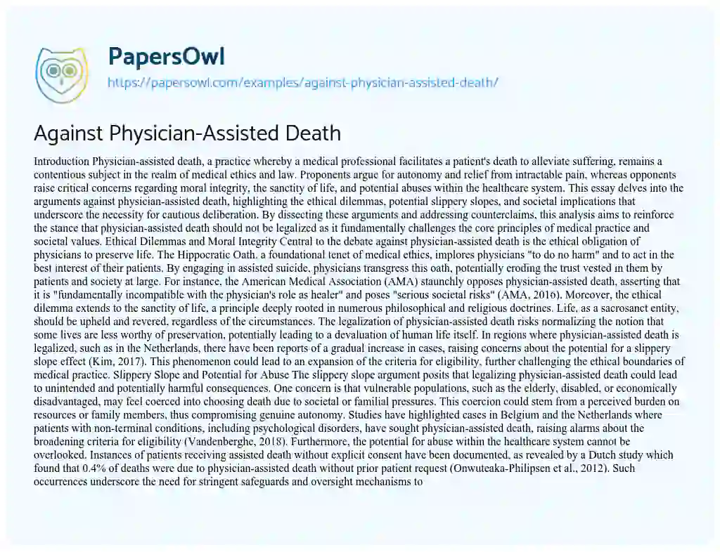 Essay on Against Physician-Assisted Death