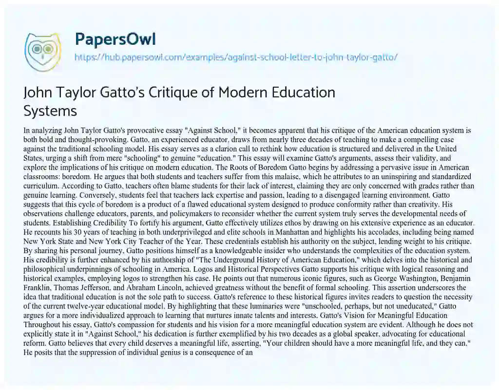 Essay on John Taylor Gatto’s Critique of Modern Education Systems