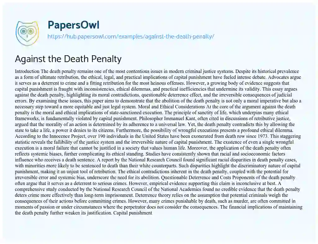 Essay on Against the Death Penalty