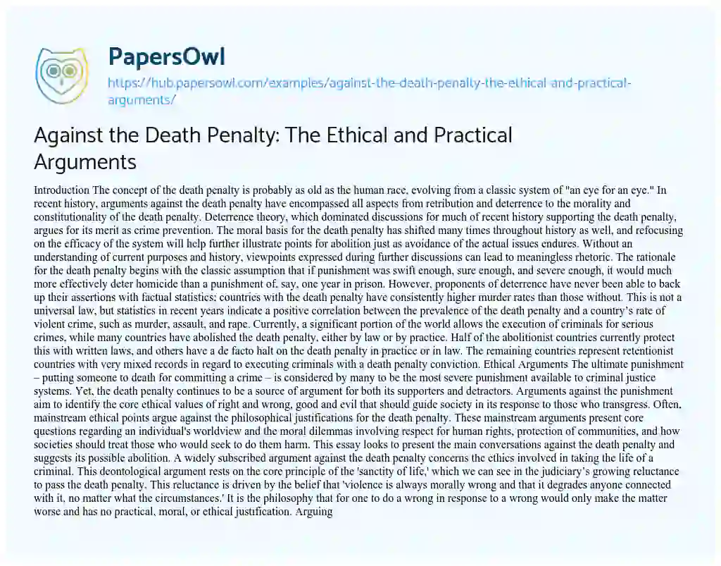 Essay on Against the Death Penalty: The Ethical and Practical Arguments