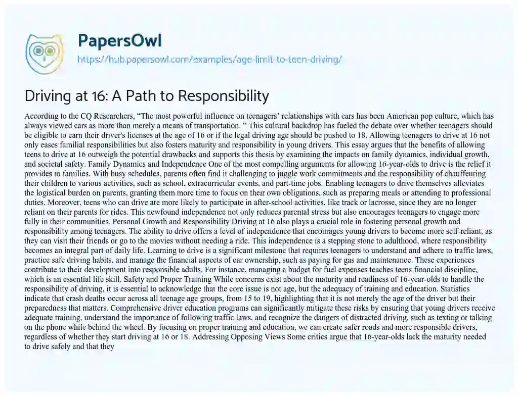 Essay on Driving at 16: A Path to Responsibility