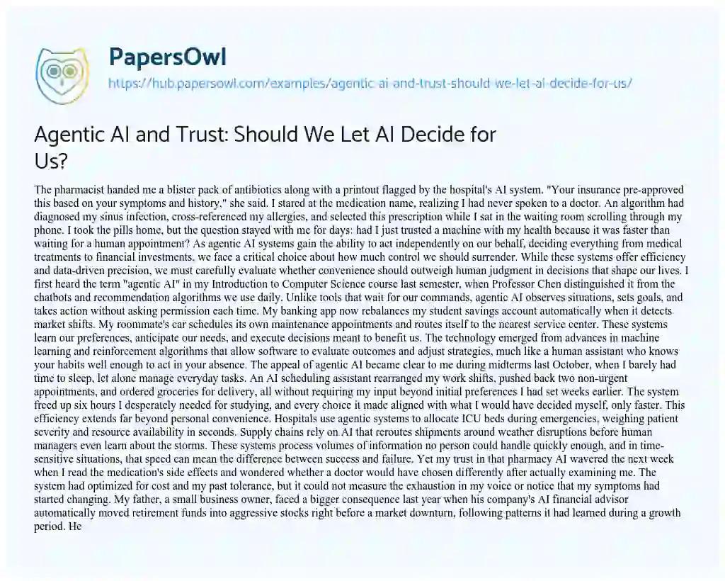 Essay on Agentic AI and Trust: Should We Let AI Decide for Us?