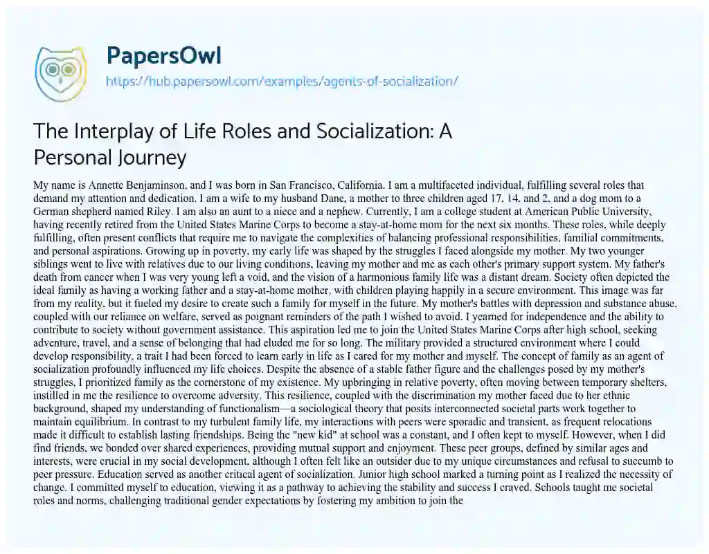 Essay on The Interplay of Life Roles and Socialization: A Personal Journey
