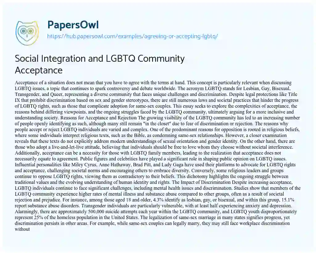 Essay on Social Integration and LGBTQ Community Acceptance