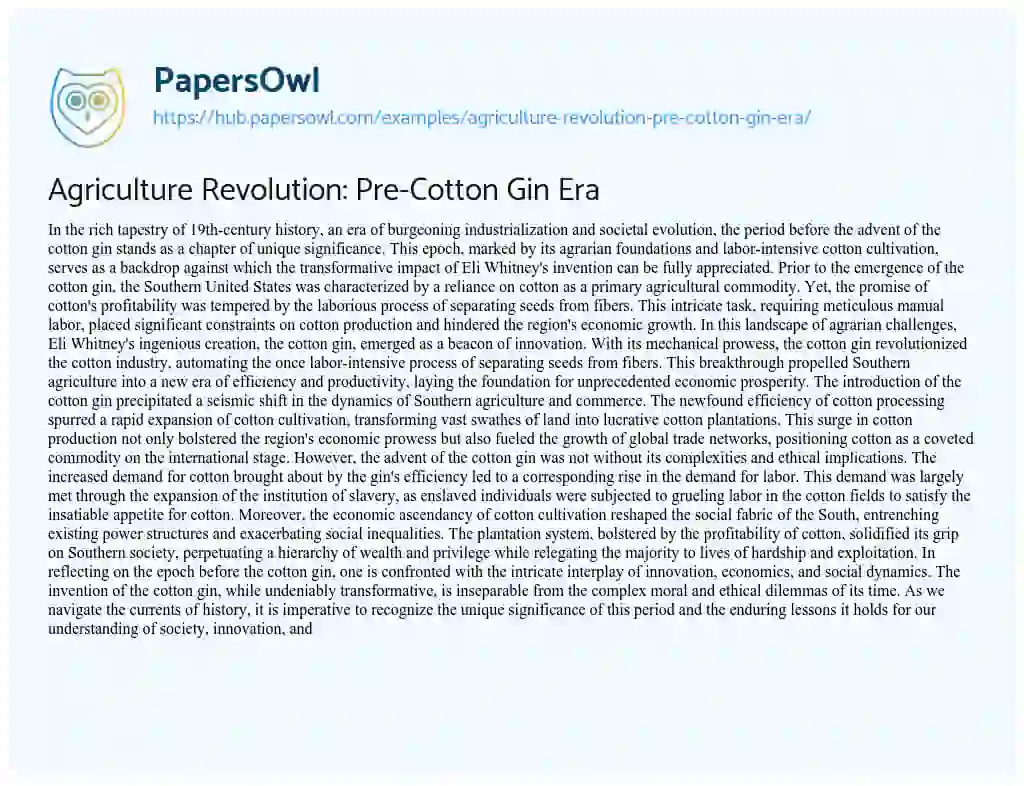 Essay on Agriculture Revolution: Pre-Cotton Gin Era