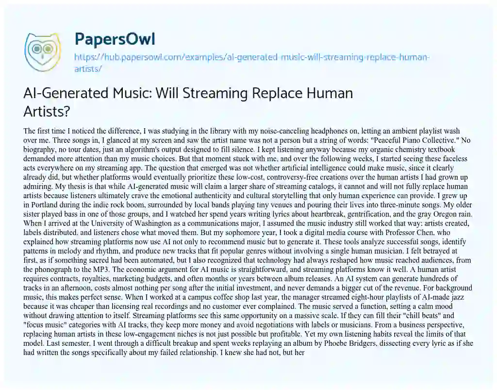 Essay on AI-Generated Music: Will Streaming Replace Human Artists?