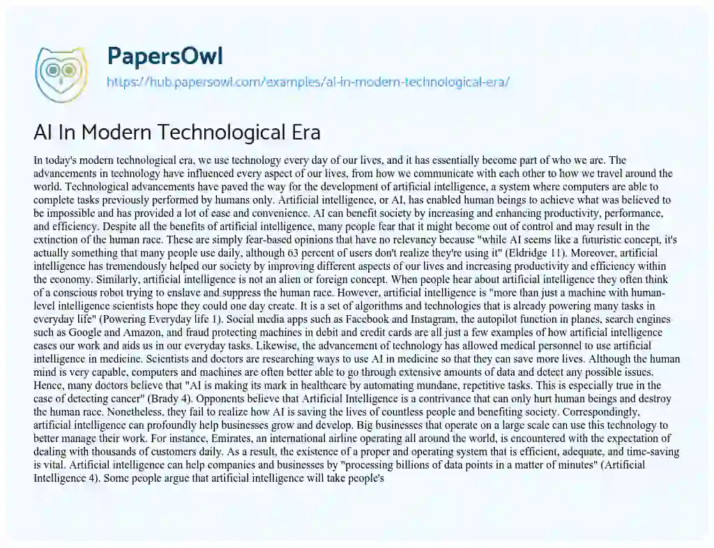 Essay on AI In Modern Technological Era