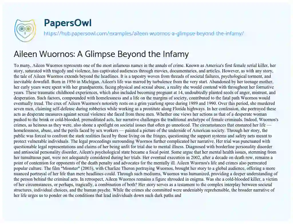 Essay on Aileen Wuornos: A Glimpse Beyond the Infamy