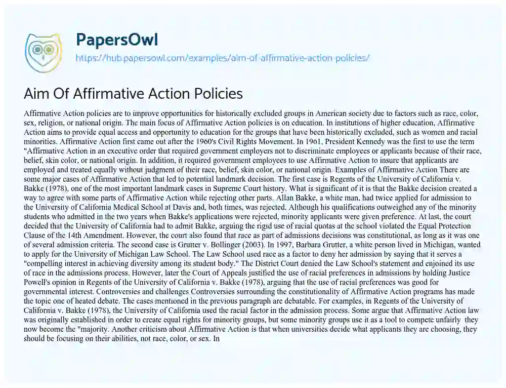 Essay on Aim Of Affirmative Action Policies