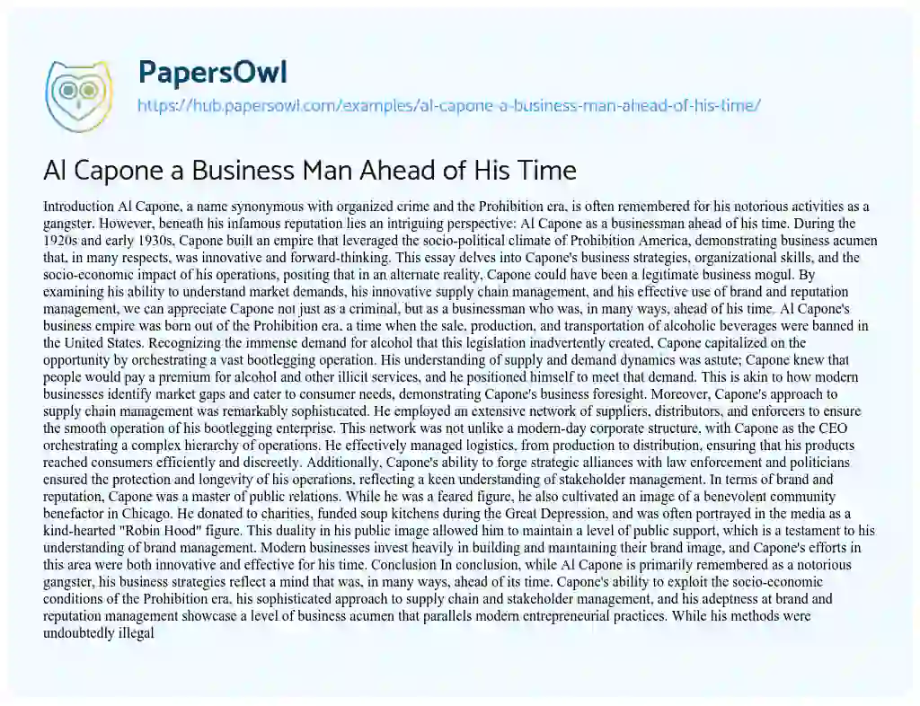 Essay on Al Capone a Business Man Ahead of His Time