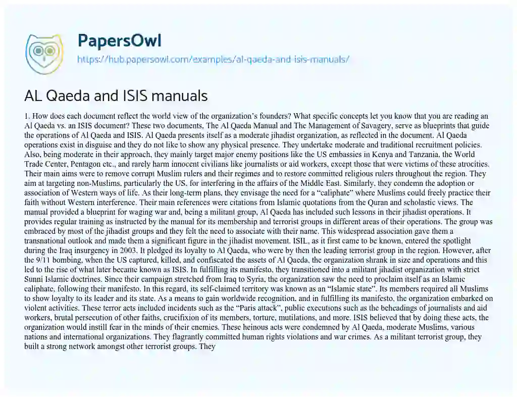 Essay on AL Qaeda and ISIS manuals