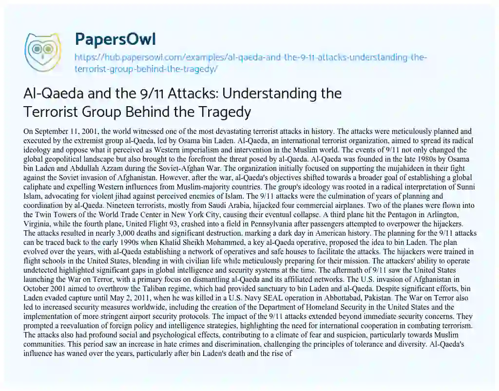 Essay on Al-Qaeda and the 9/11 Attacks: Understanding the Terrorist Group Behind the Tragedy