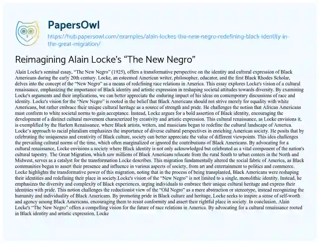 Essay on Reimagining Alain Locke’s “The New Negro”