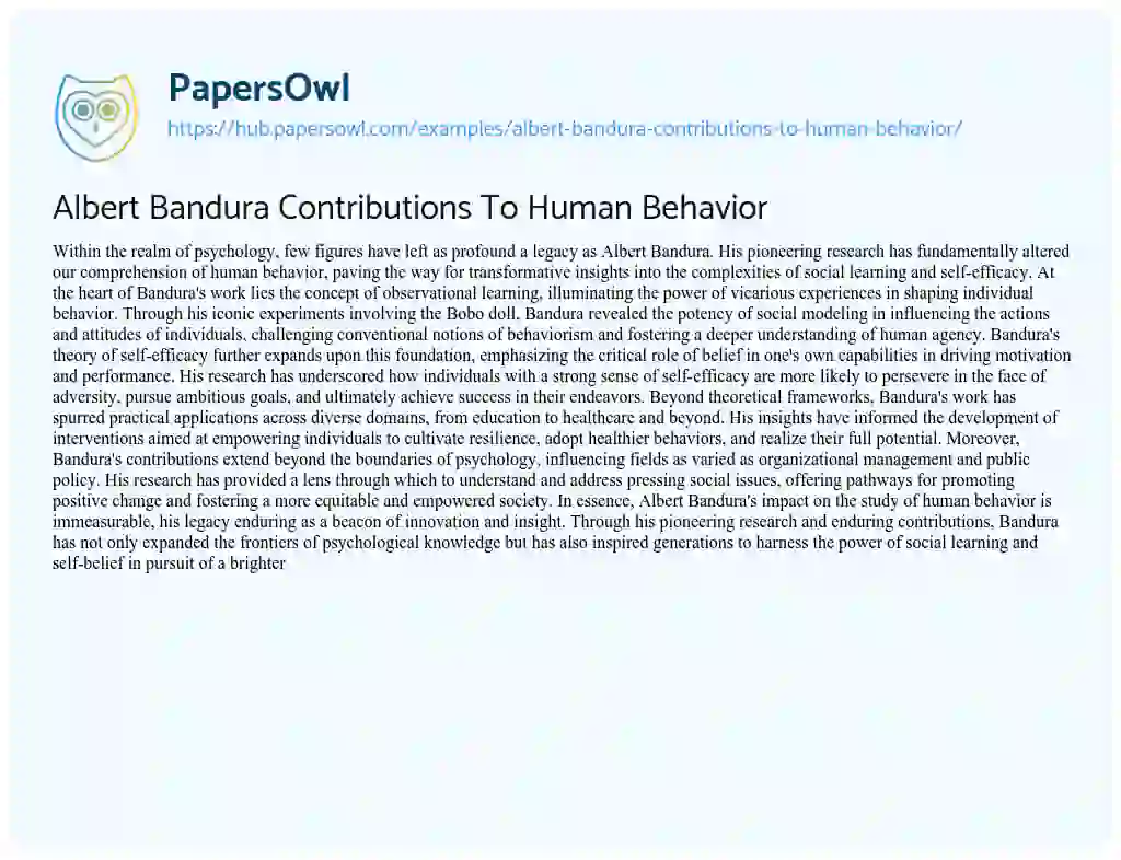 Essay on Albert Bandura Contributions To Human Behavior