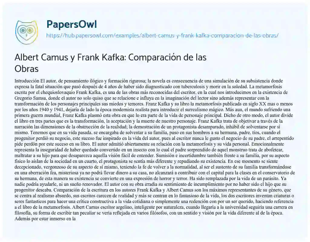 Essay on Albert Camus y Frank Kafka: Comparación de las Obras