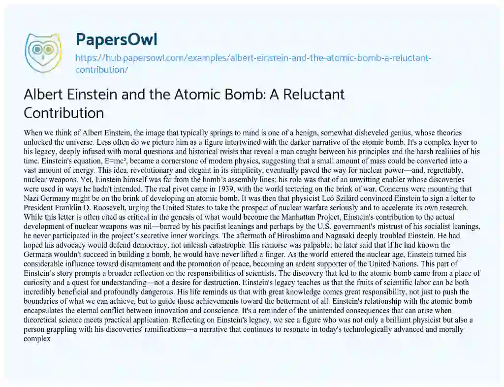 Essay on Albert Einstein and the Atomic Bomb: A Reluctant Contribution
