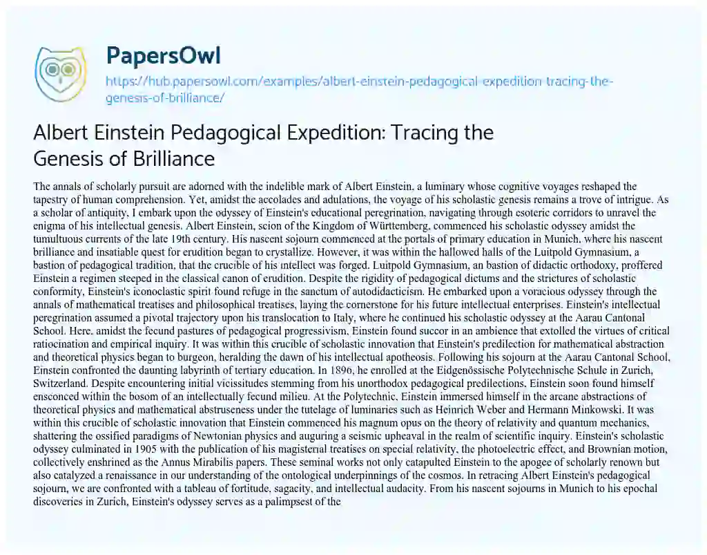 Essay on Albert Einstein Pedagogical Expedition: Tracing the Genesis of Brilliance
