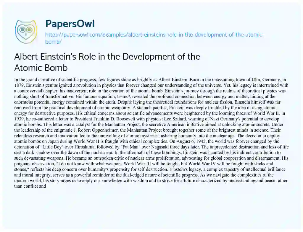 Essay on Albert Einstein’s Role in the Development of the Atomic Bomb