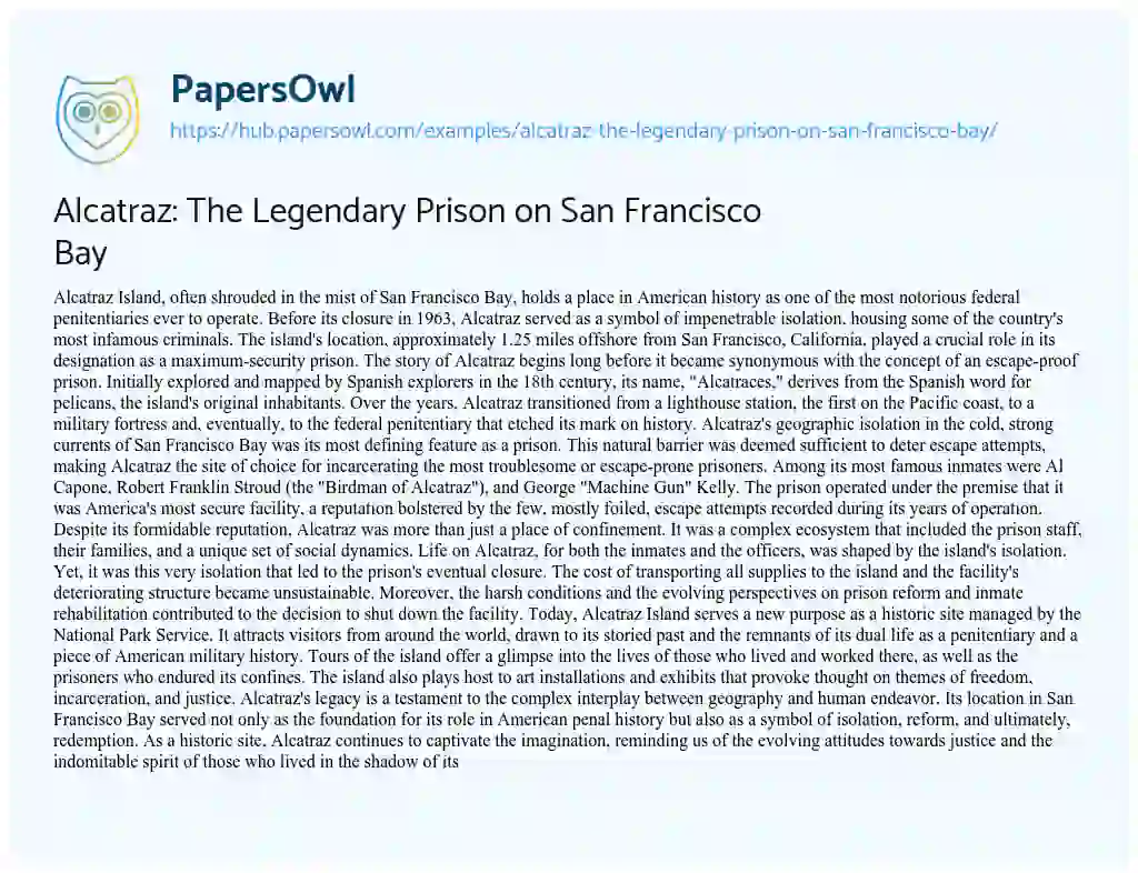 Essay on Alcatraz: The Legendary Prison on San Francisco Bay