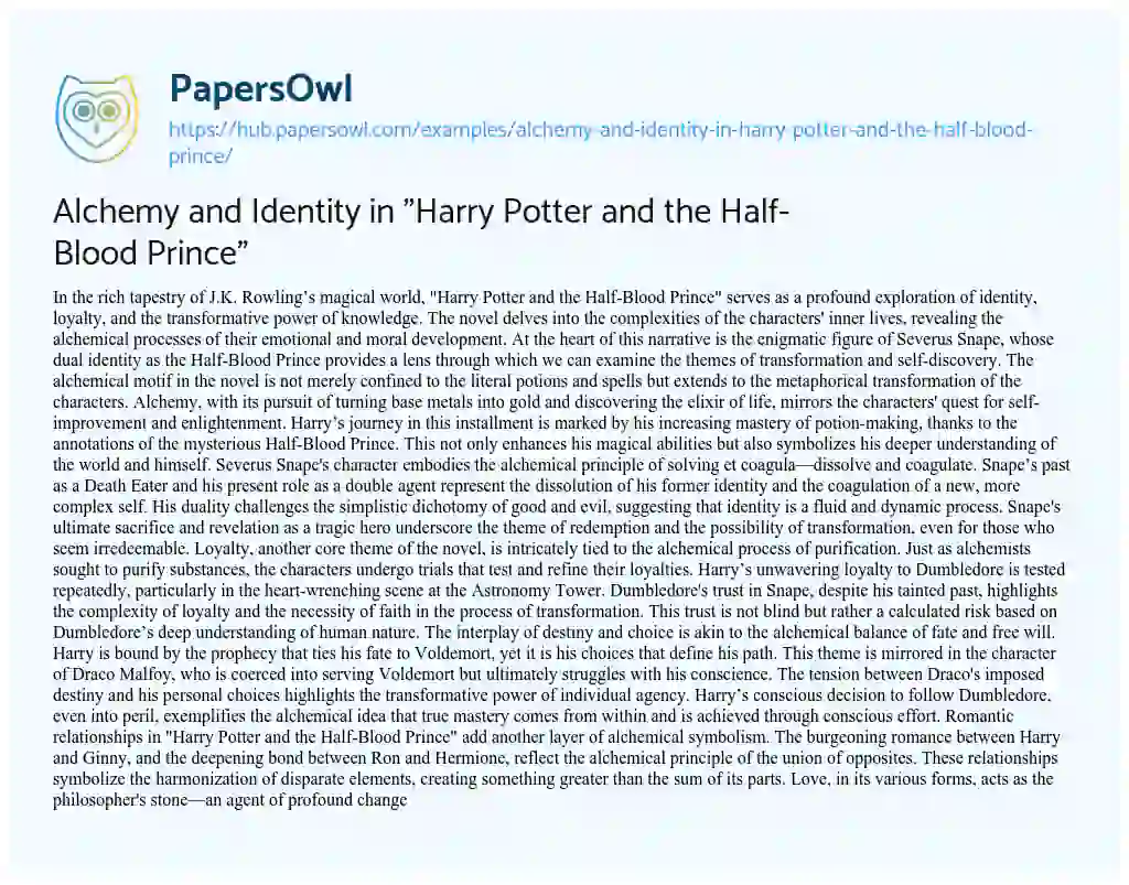Essay on Alchemy and Identity in “Harry Potter and the Half-Blood Prince”