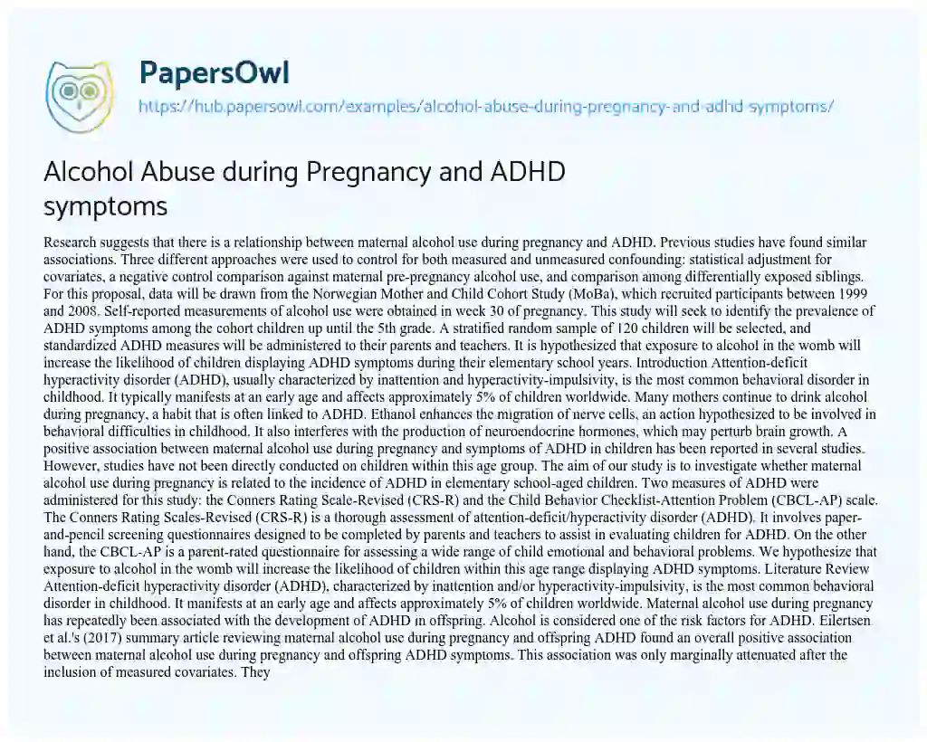 Essay on Alcohol Abuse during Pregnancy and ADHD symptoms