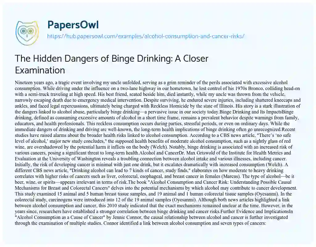 Essay on The Hidden Dangers of Binge Drinking: A Closer Examination