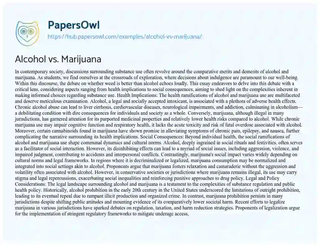 Essay on Alcohol vs. Marijuana