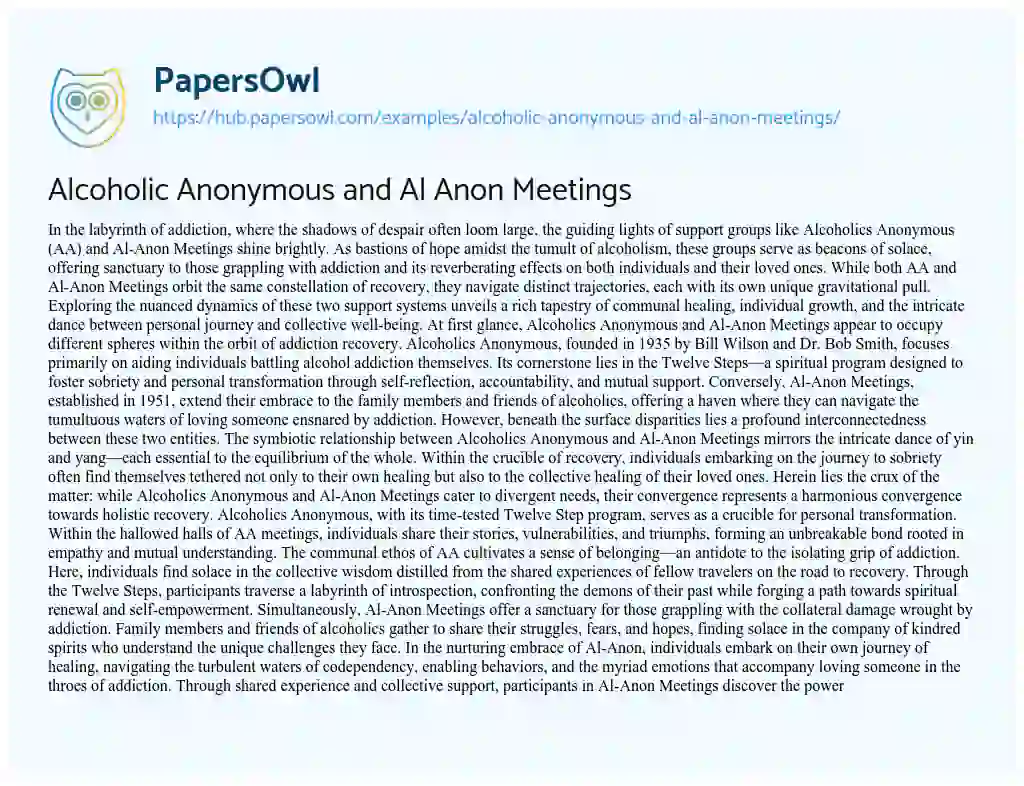 Essay on Alcoholic Anonymous and Al Anon Meetings