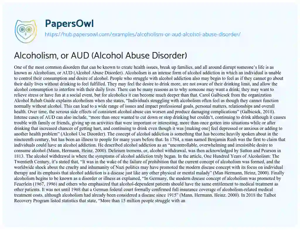 Essay on Alcoholism, or AUD (Alcohol Abuse Disorder)