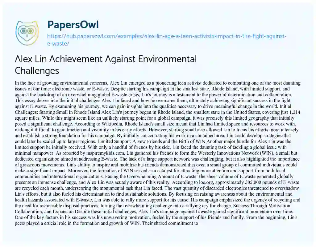 Essay on Alex Lin Achievement Against Environmental Challenges