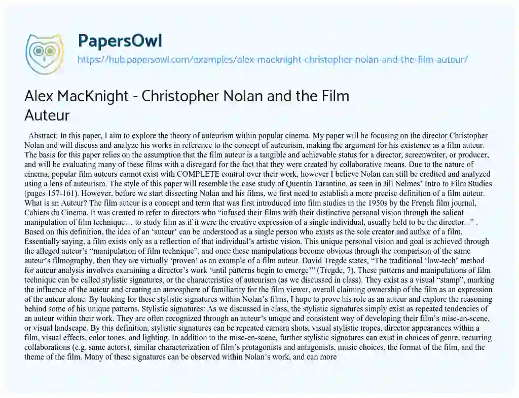 Essay on Alex MacKnight – Christopher Nolan and the Film Auteur