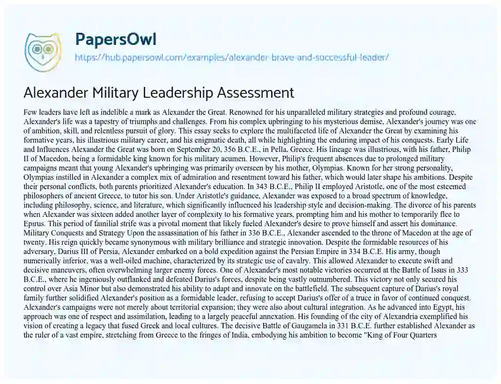 Essay on Alexander Military Leadership Assessment