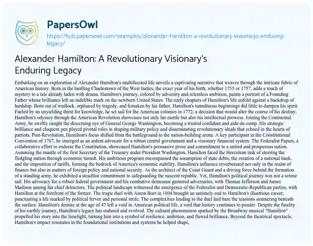 Essay on Alexander Hamilton: A Revolutionary Visionary’s Enduring Legacy