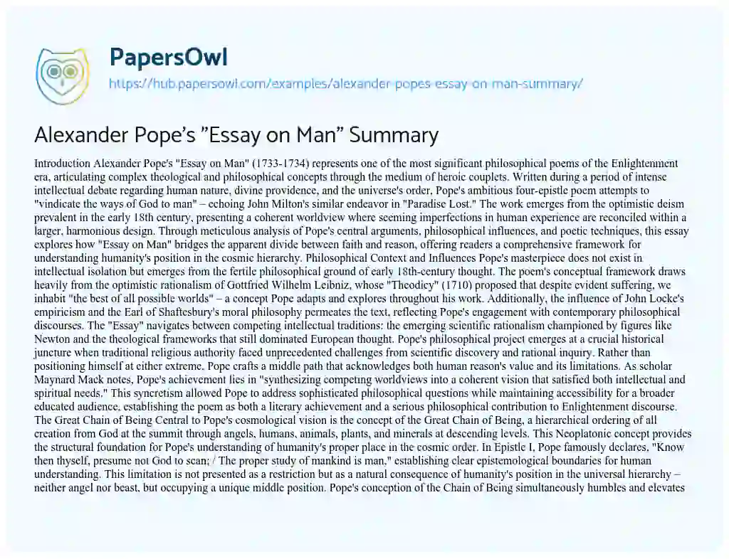 Essay on Alexander Pope’s “Essay on Man” Summary
