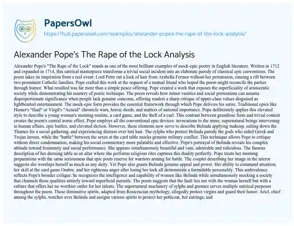 Essay on Alexander Pope’s The Rape of the Lock Analysis