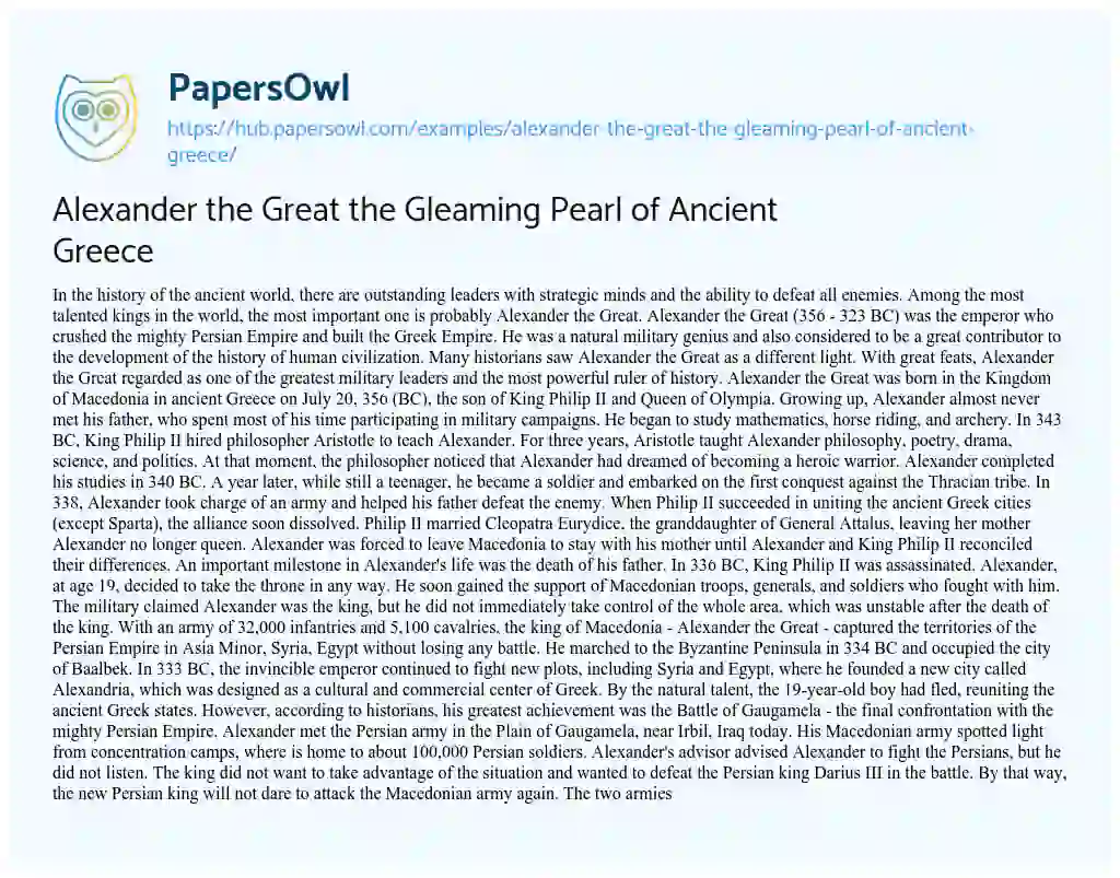 Essay on Alexander the Great the Gleaming Pearl of Ancient Greece