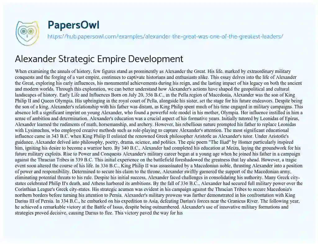 Essay on Alexander Strategic Empire Development